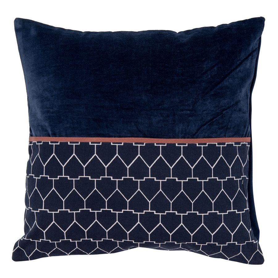 Чехол на подушку из хлопкового бархата с геометрическим принтом темно-синего цвета из коллекции Ethnic, 45х45 см
